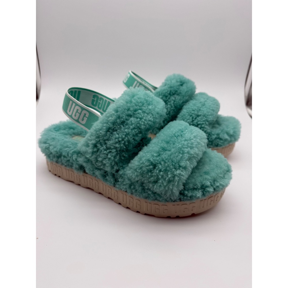 UGG Oh Yeah Fluff Slides Turquoise Seafoam Green Sheepskin Sandals Size 10